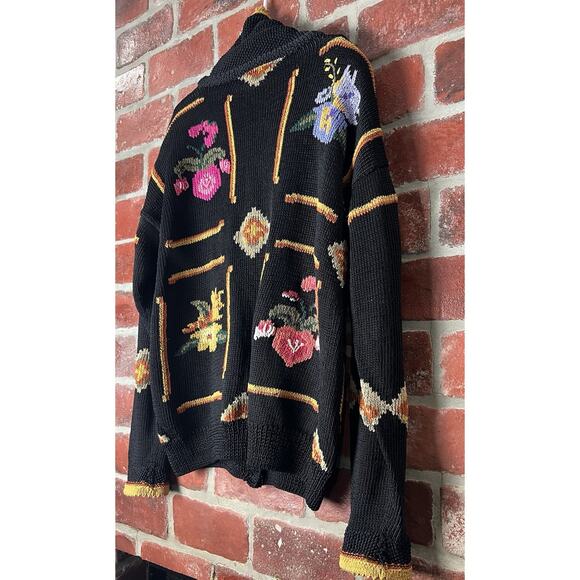 VTG Berek Sweater Black Floral Cardigan Hand Knit Heavy Button Front Size Large - Picture 8 of 11